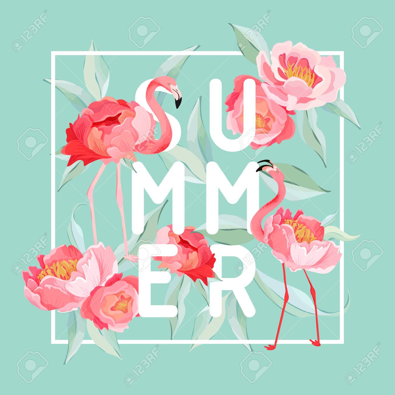 tropical flamingo vector summer flyer banner with peony flowers summer flyer