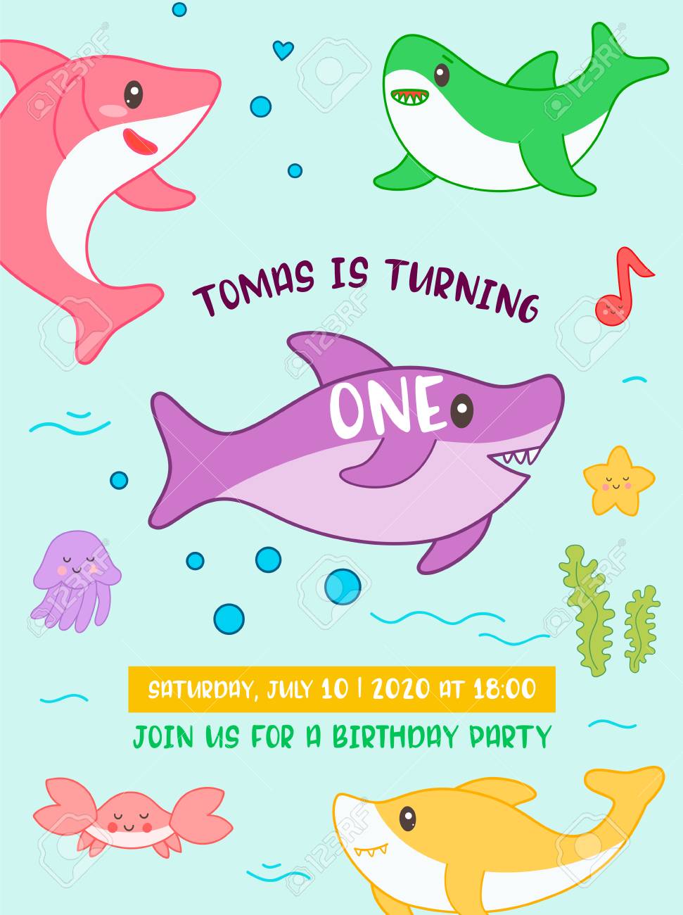 Baby Shower Birthday Invitation Card Kawaii Style With Cute Shark