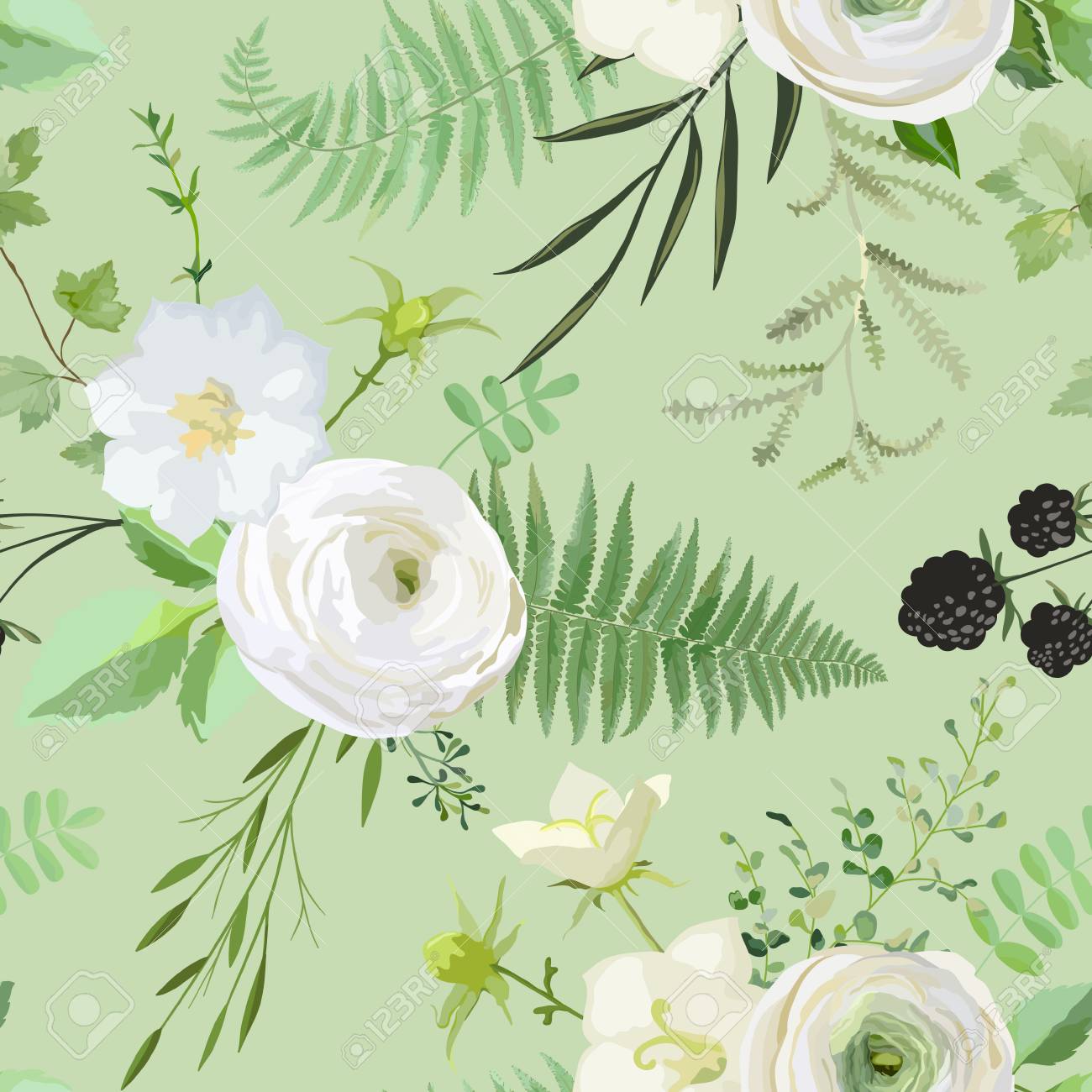Vector Seamless Watercolor Pattern With Bouquets Of White Flowers