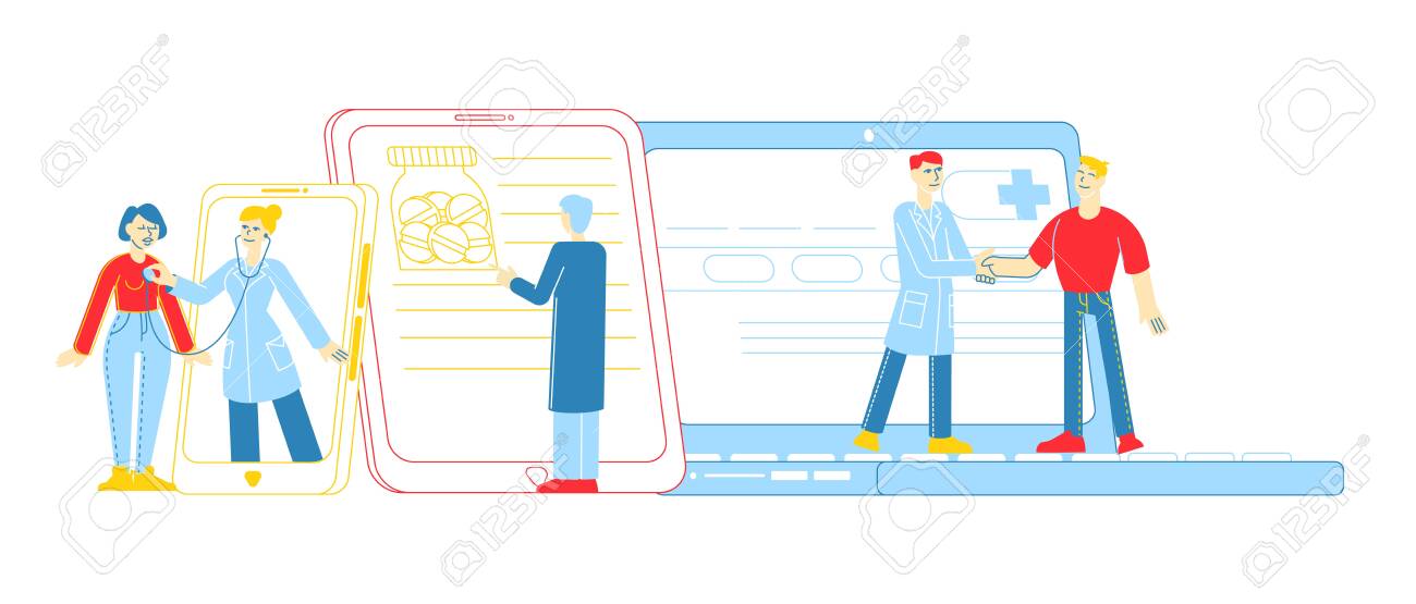 Distant Online Medicine Consultation, Smart Medical Technologies. Doctors Characters Communicate with Patients through Computer or Mobile Phone from Hospital Cabinet. Linear People Vector Illustration - 144449042 Distant Online Medicine Consultation, Smart Medical Technologies. Doctors Characters Communicate with Patients through Computer or Mobile Phone from Hospital Cabinet. Linear People Vector Illustration - 144449042