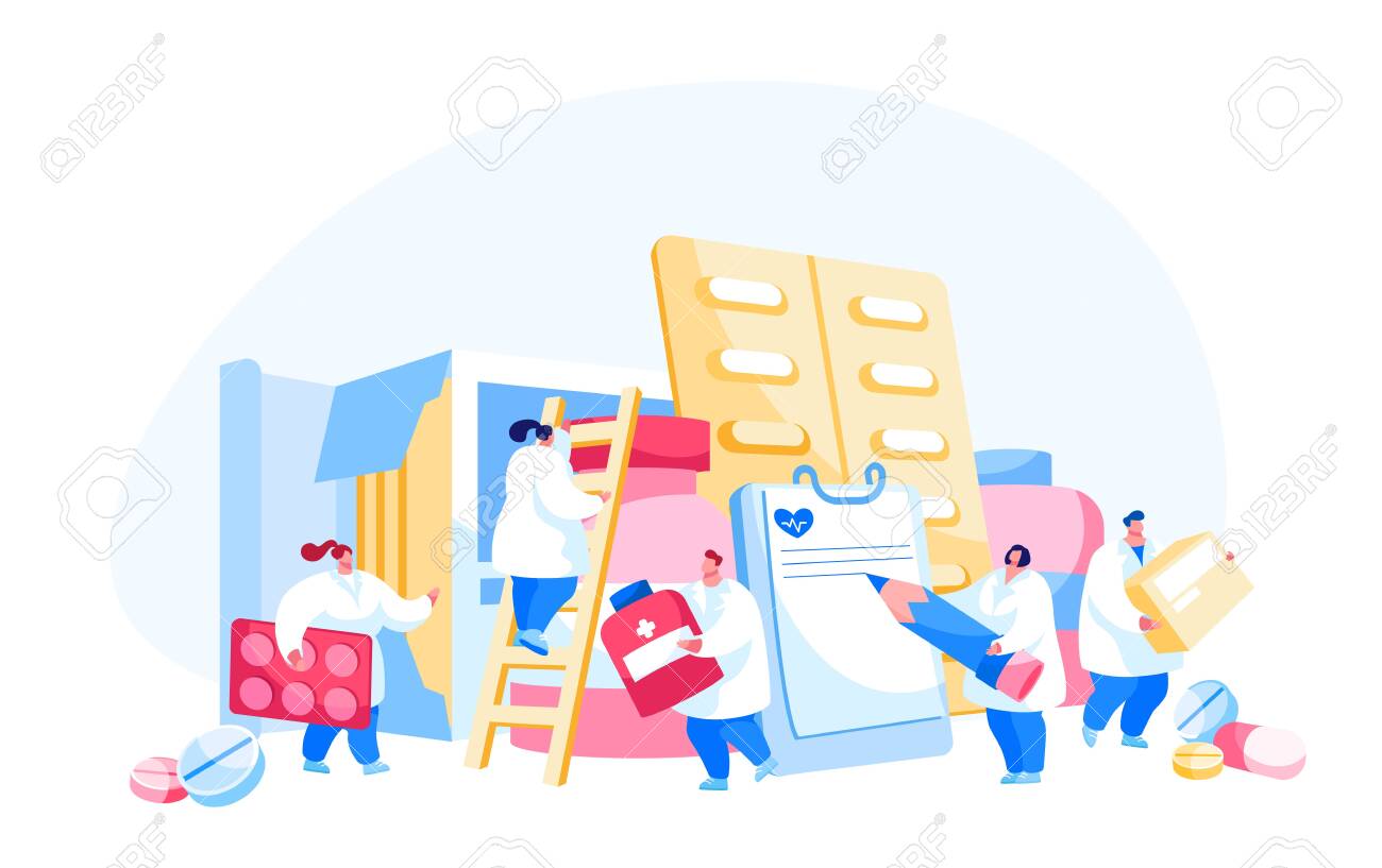 Pharmacist Doctors Character in White Robe Stand with Huge Pill Boxes and Medical Drugs. Pharmacy, Clinic, Hospital - 145660442 Pharmacist Doctors Character in White Robe Stand with Huge Pill Boxes and Medical Drugs. Pharmacy, Clinic, Hospital - 145660442