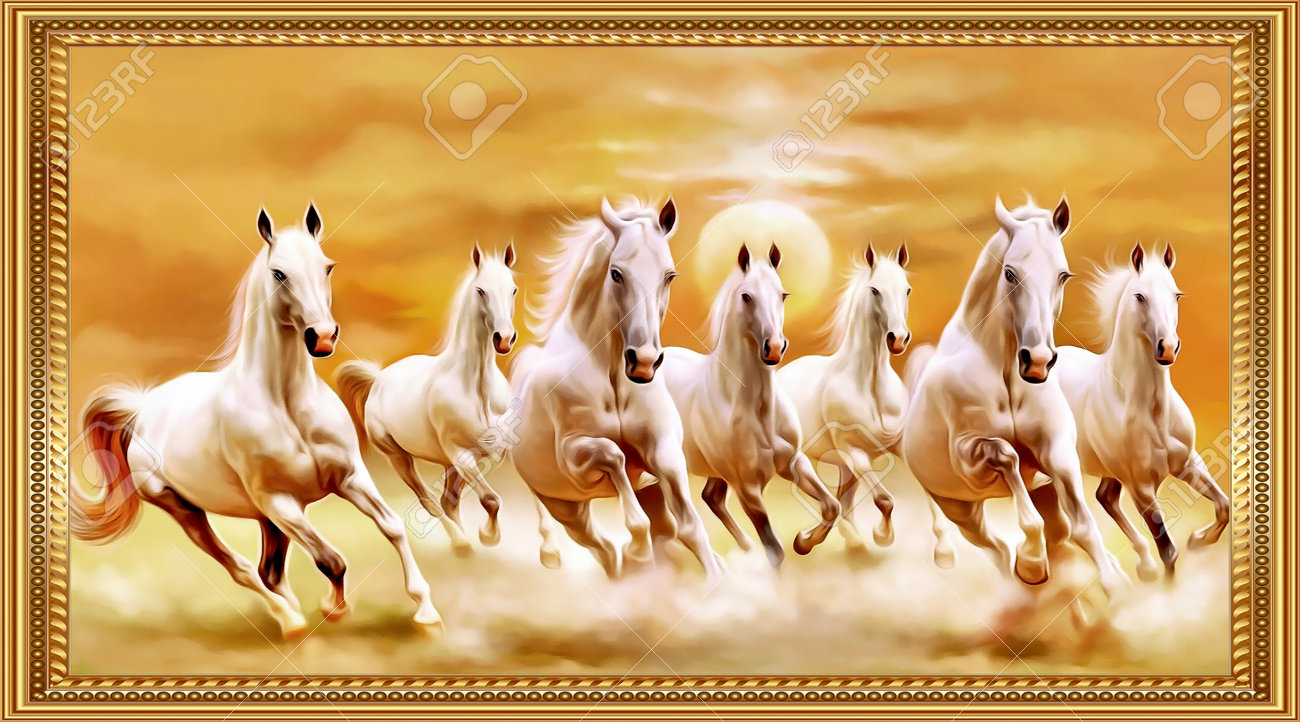 Sunrise Wallpaper With White Seven Horse Runing For Living Room ...