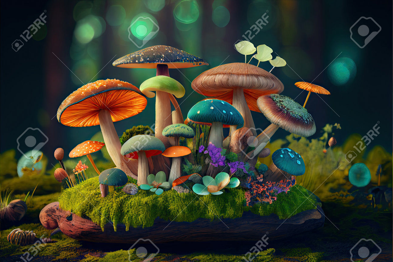 キノコと花を持つ幻想的な不思議の国の森の風景。多くの異なるカラフル