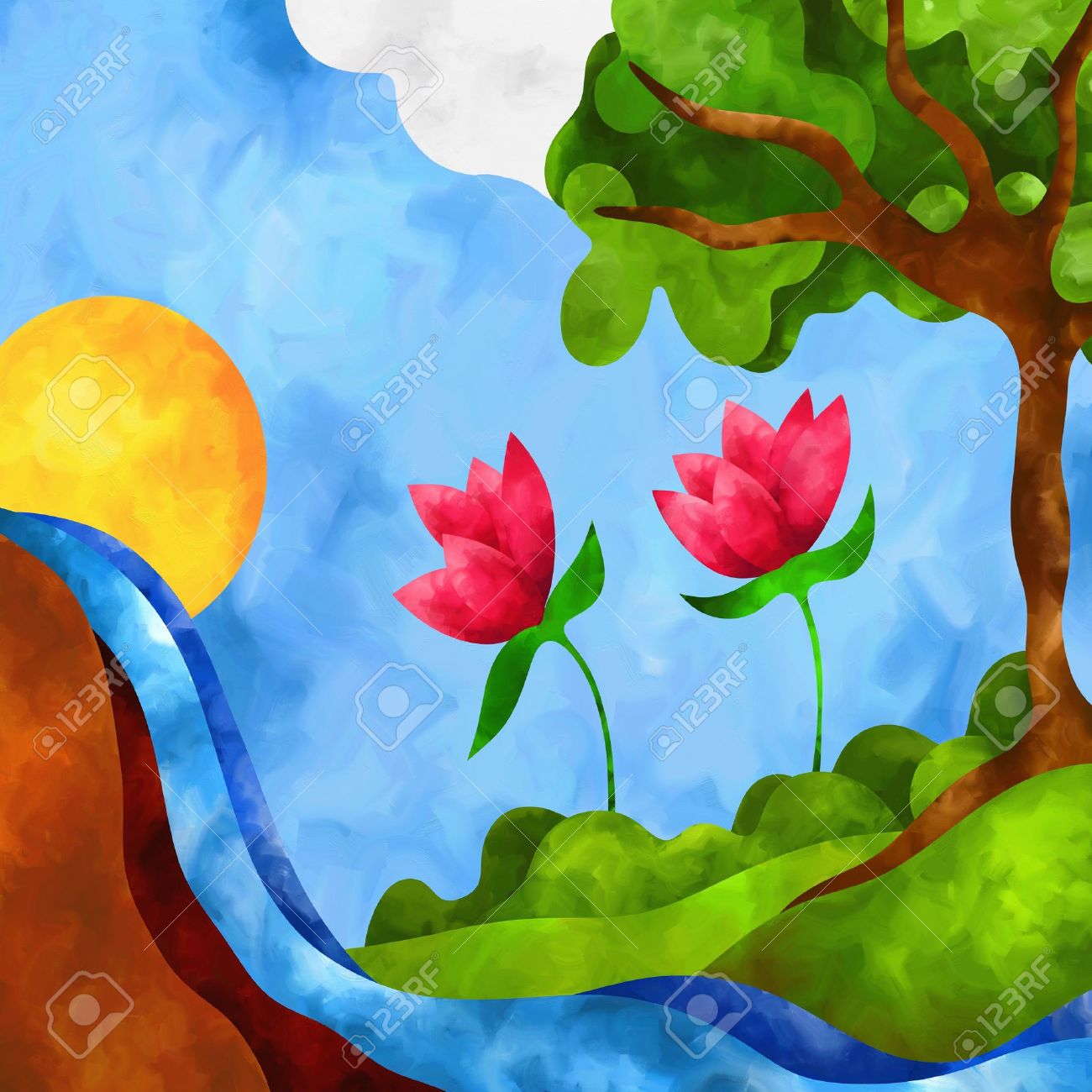 Abstract Background With Flowers And Waterfall Stock Photo Abstract Background With Flowers And Waterfall Stock Photo