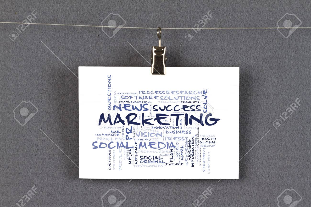 social media marketing word cloud on a business card pinned up social media business card