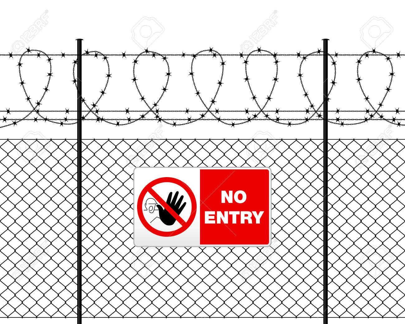 Fence with barbed wire and sign NO ENTRY. Metal sign NO ENTRY on metal fence with barbed wire. Wire fence isolated on white. - 57639628 Fence with barbed wire and sign NO ENTRY. Metal sign NO ENTRY on metal fence with barbed wire. Wire fence isolated on white. - 57639628