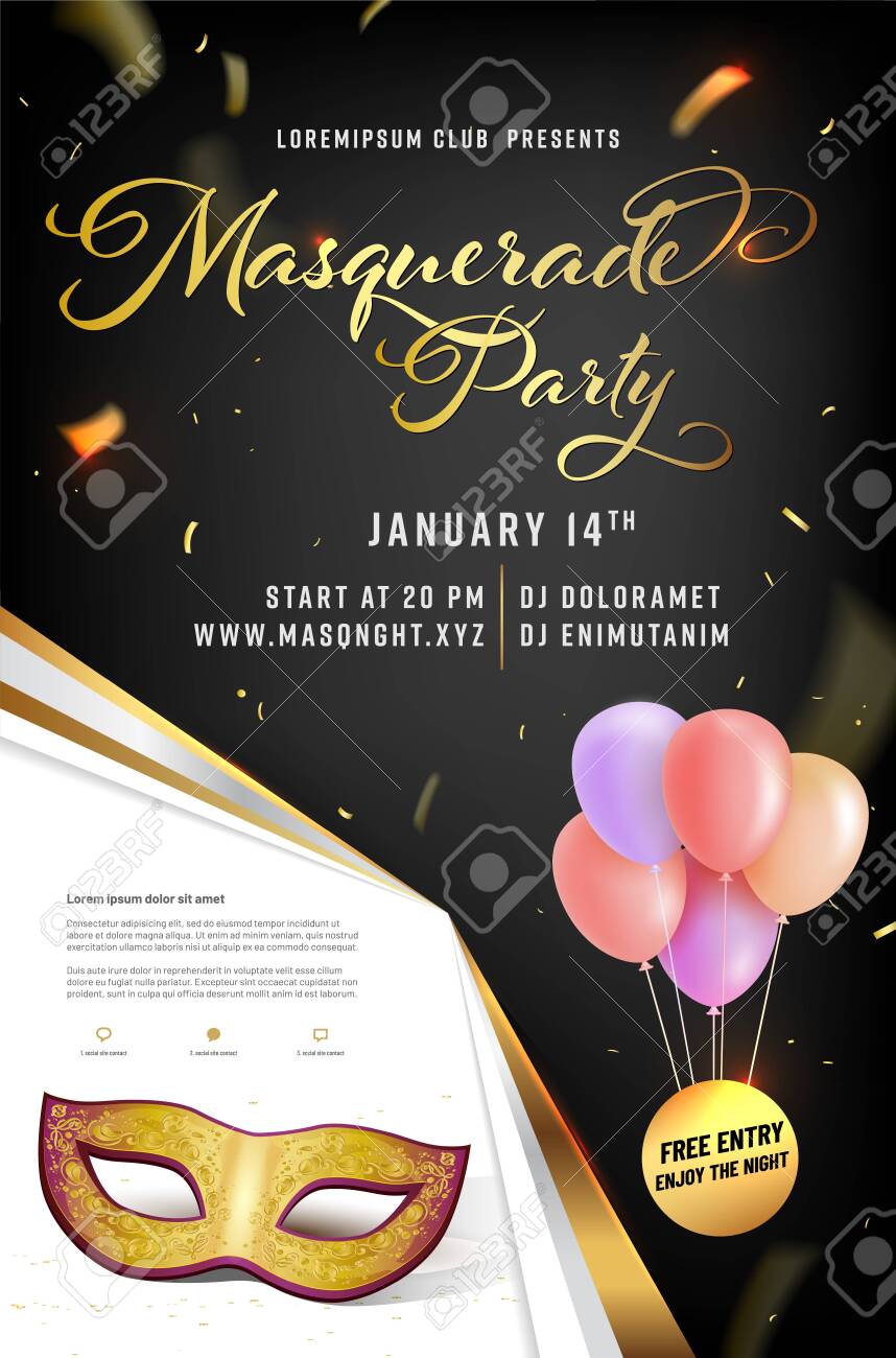 Masquerade party poster template with mask, confetti, air balloons and place for your text - vector illustration - 128710496 Masquerade party poster template with mask, confetti, air balloons and place for your text - vector illustration - 128710496