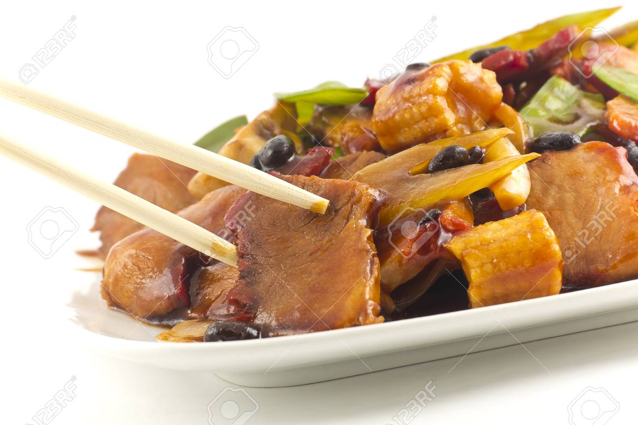 Chinesische Schweinefleisch Und Sautierten Gemischten Chinesischen Gemuse Mit Sauce Aus Schwarzen Bohnen Lizenzfreie Fotos Bilder Und Stock Fotografie Image