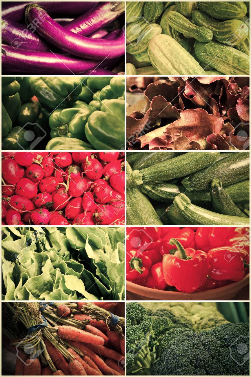 variety of popular farmers market vegetables in produce collage