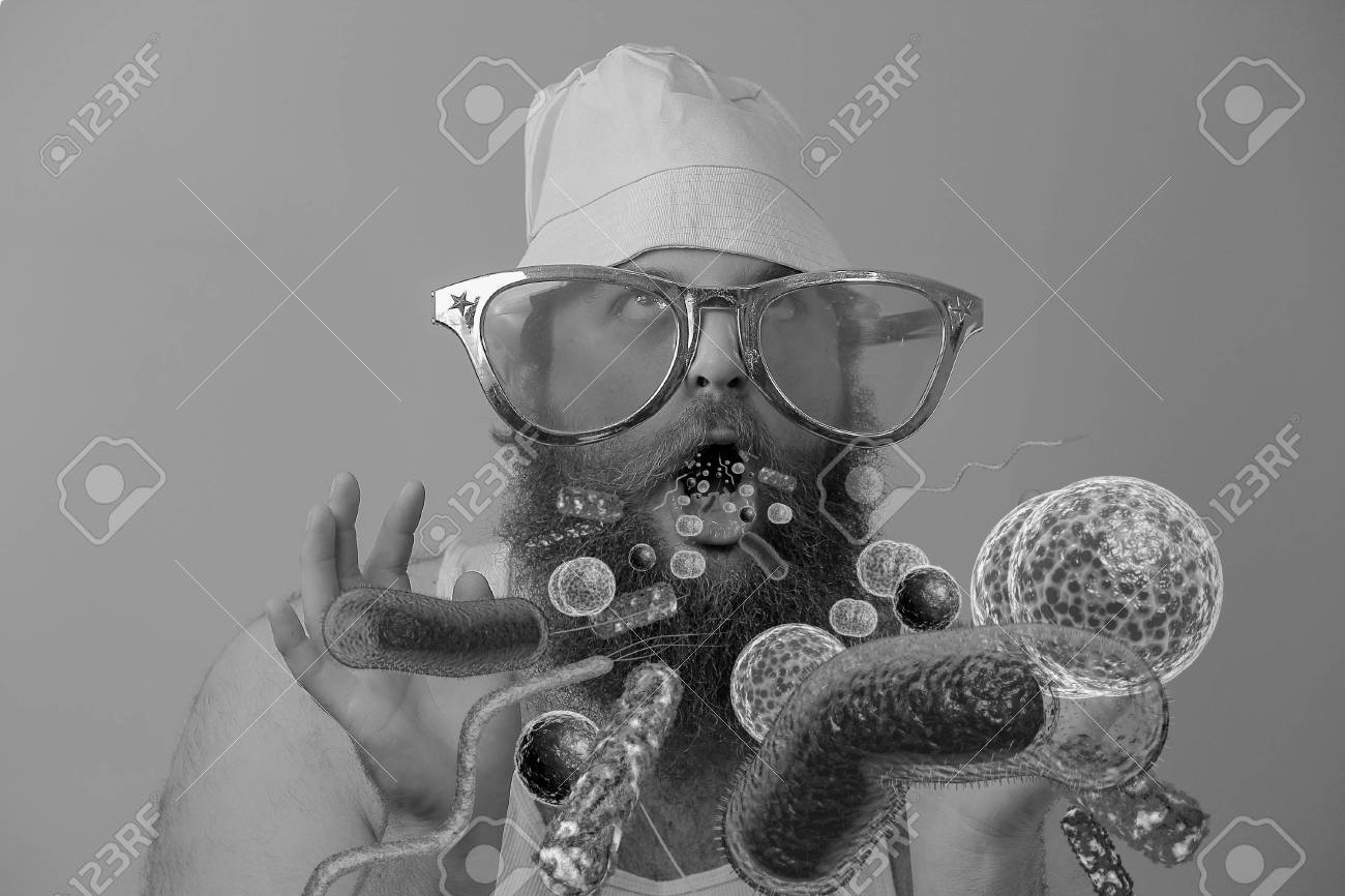 ひげを生やした病気を注いで細菌ウイルス病気マン開口 の写真素材 画像素材 Image