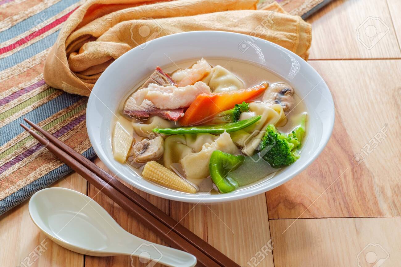 Subgum Wonton Soup With Pork Shrimp Chicken And Mixed Chinese Vegetables Stock Photo Picture And Royalty Free Image Image