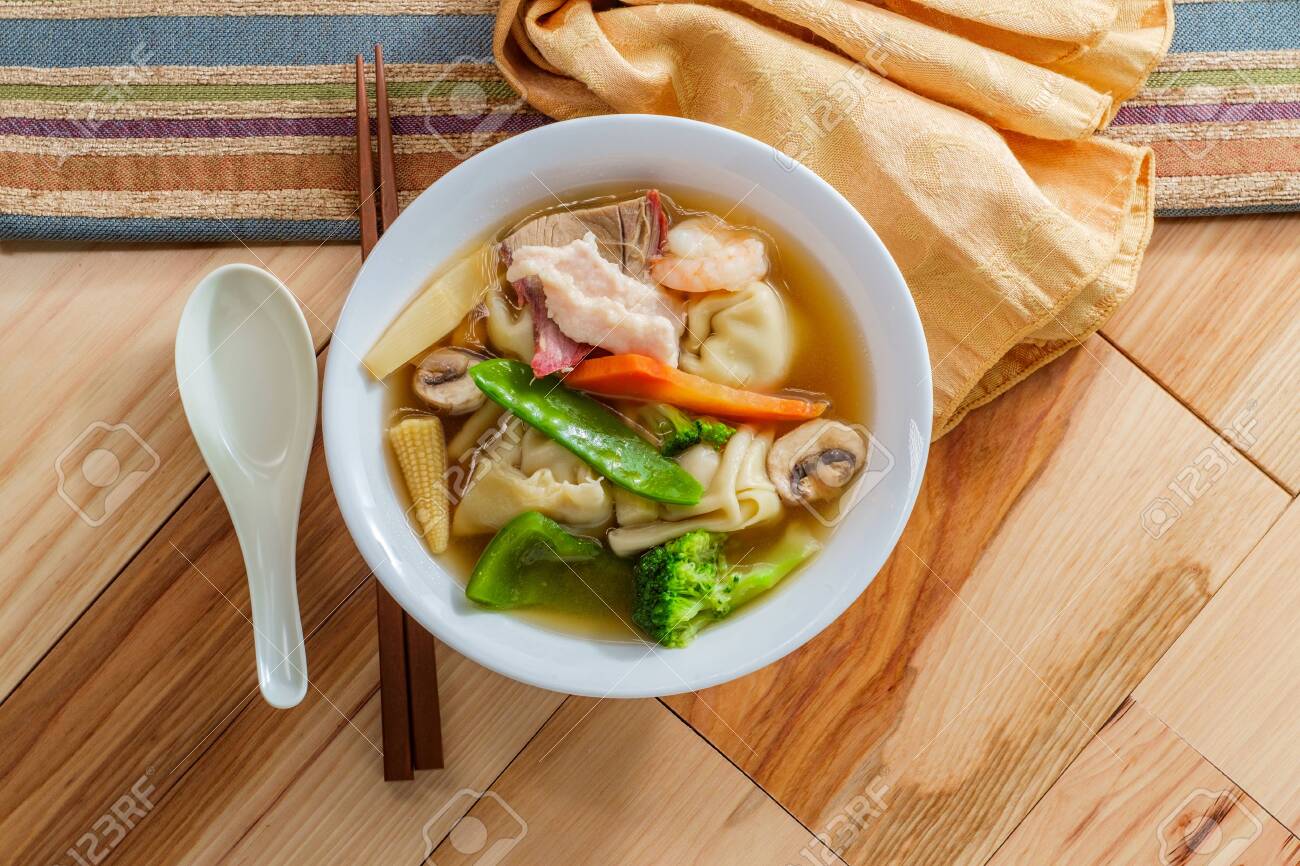 Subgum Wonton Soup With Pork Shrimp Chicken And Mixed Chinese Vegetables Stock Photo Picture And Royalty Free Image Image