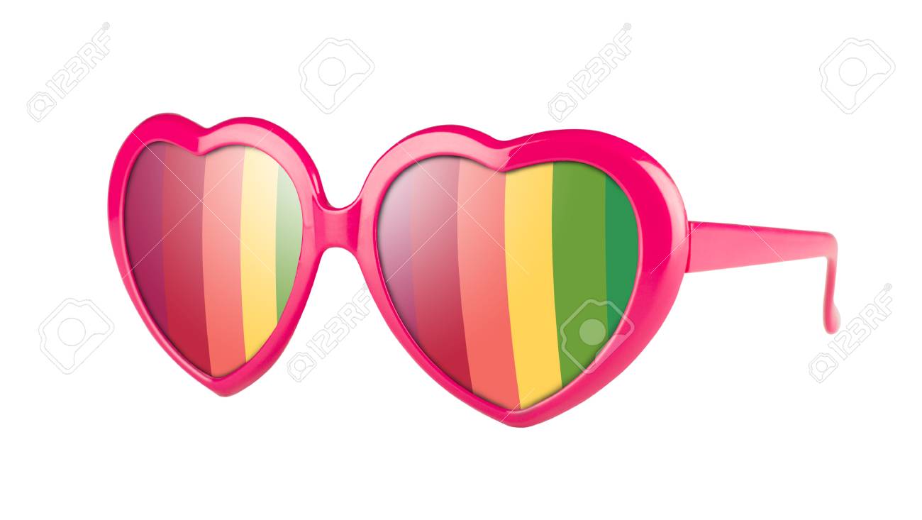 ピンクのハートのペアの形の白で隔離のレンズで虹メガネ の写真素材 画像素材 Image
