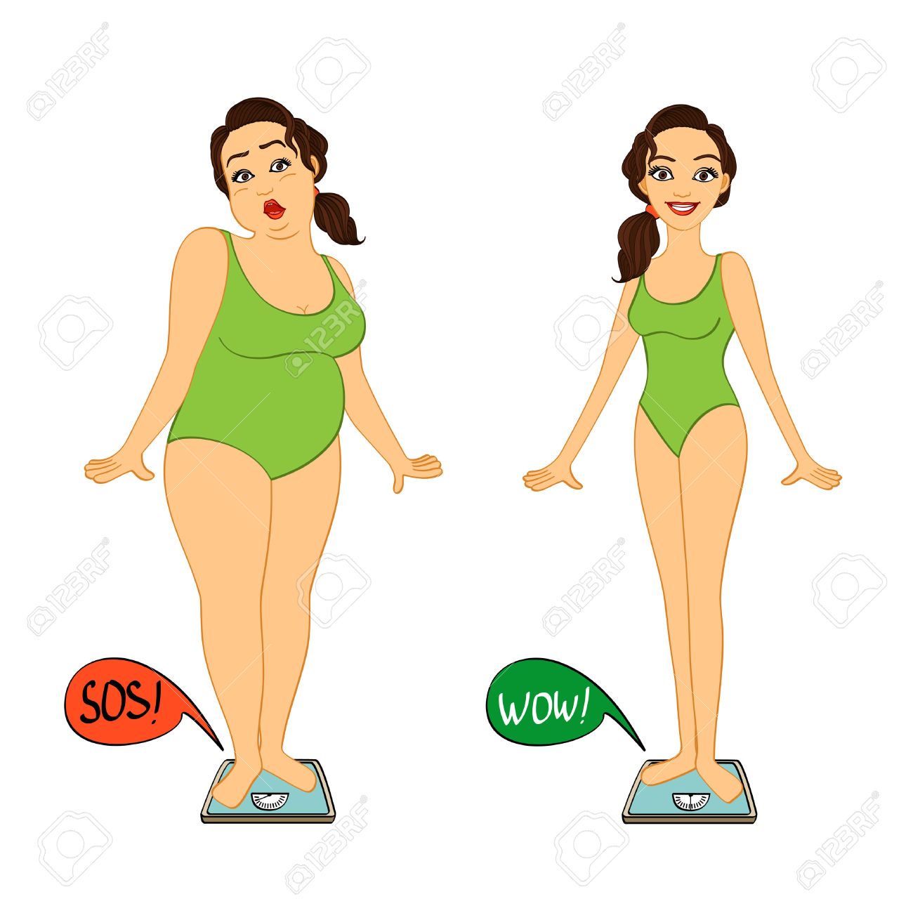 Fat and slim woman on weights scales, diet and exercises progress isolated illustration - 24964955 Fat and slim woman on weights scales, diet and exercises progress isolated illustration - 24964955
