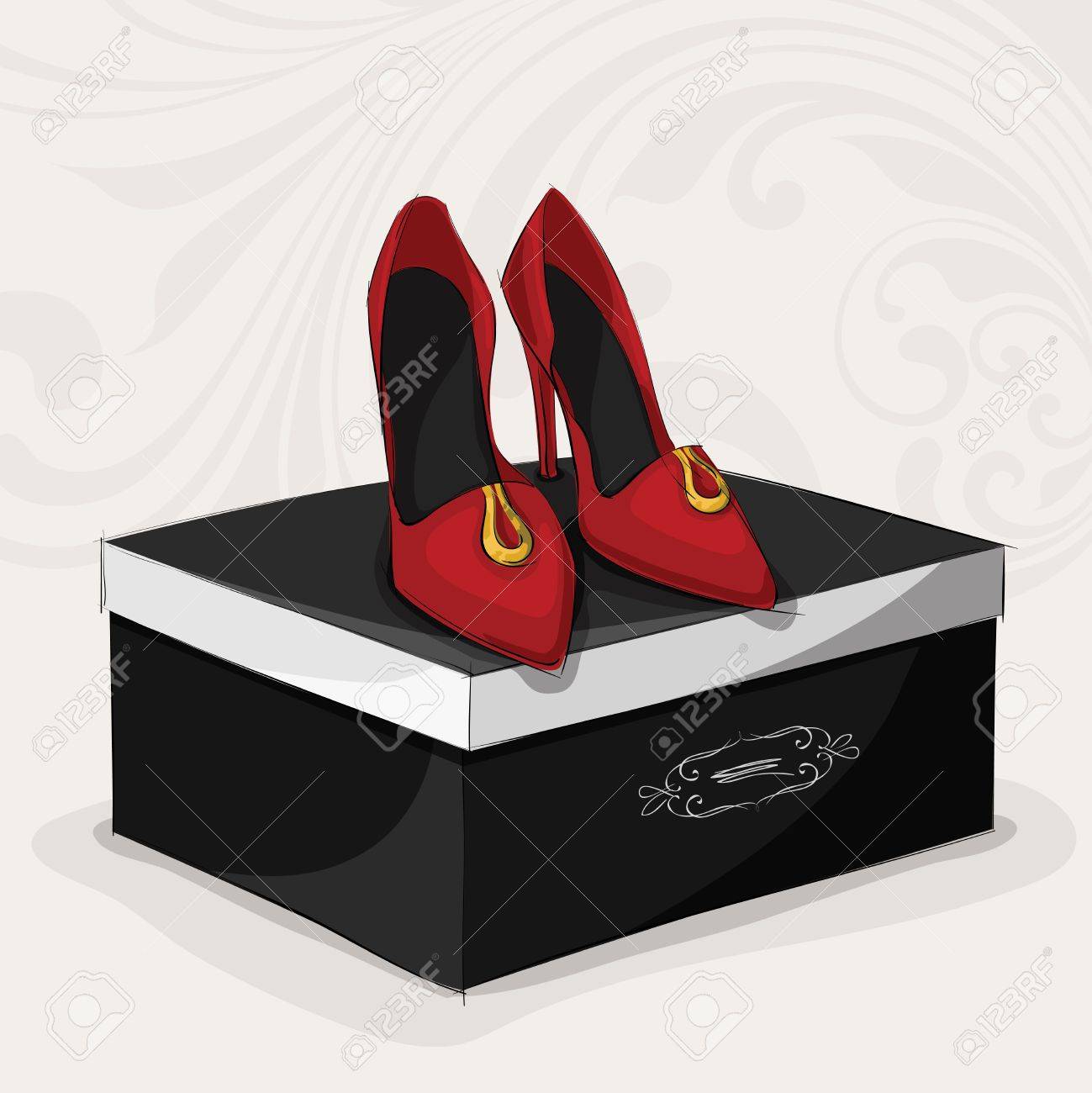 Fashion woman\u0027s red shoes on high heels on black luxury gift..