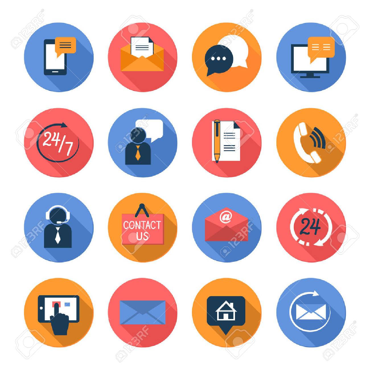 Customer care contacts flat icons set of online and offline support services isolated vector illustration - 26448607 Customer care contacts flat icons set of online and offline support services isolated vector illustration - 26448607