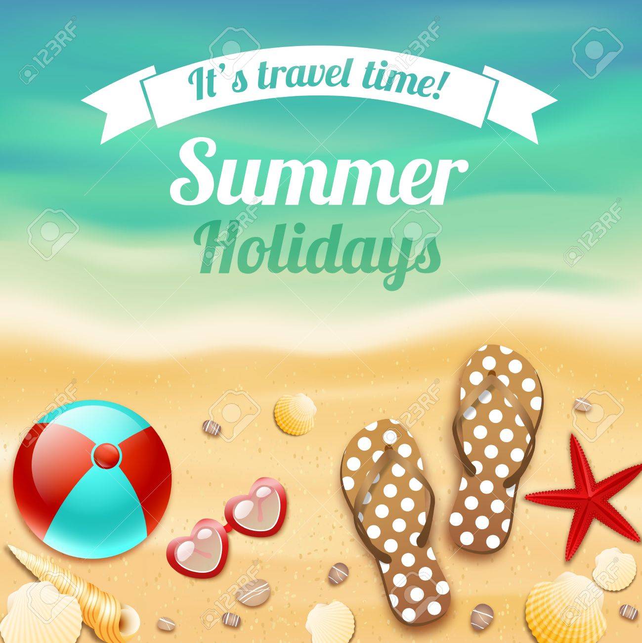 Summer Holiday Vacation Travel Background Poster With Beach Accessories Sunglasses Sandals And Starfish Illustration Stock Vector Summer Holiday Vacation Travel Background Poster With Beach Accessories Sunglasses Sandals And Starfish Illustration Stock Vector