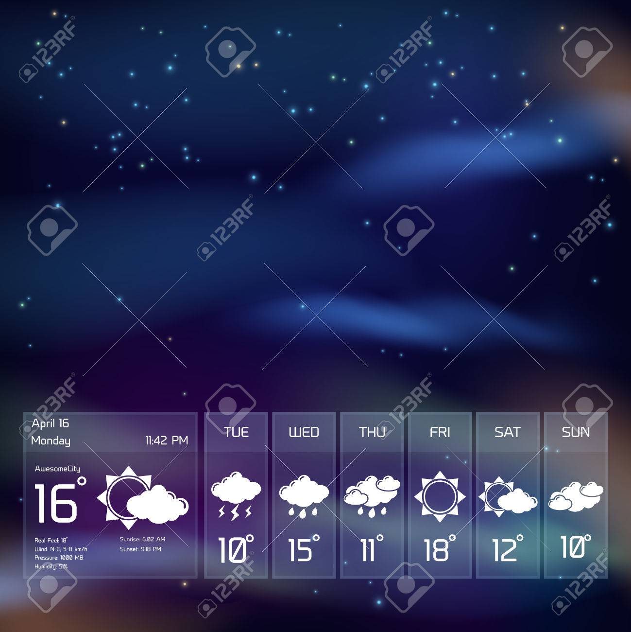 天気予報モバイル アプリケーションのベクトル図の設計要素と夜空の背景上の透明なウィジェット テンプレートのイラスト素材 ベクタ Image 天気予報モバイル アプリケーションのベクトル図の設計要素と夜空の背景上の透明なウィジェット テンプレートのイラスト素材 ベクタ Image
