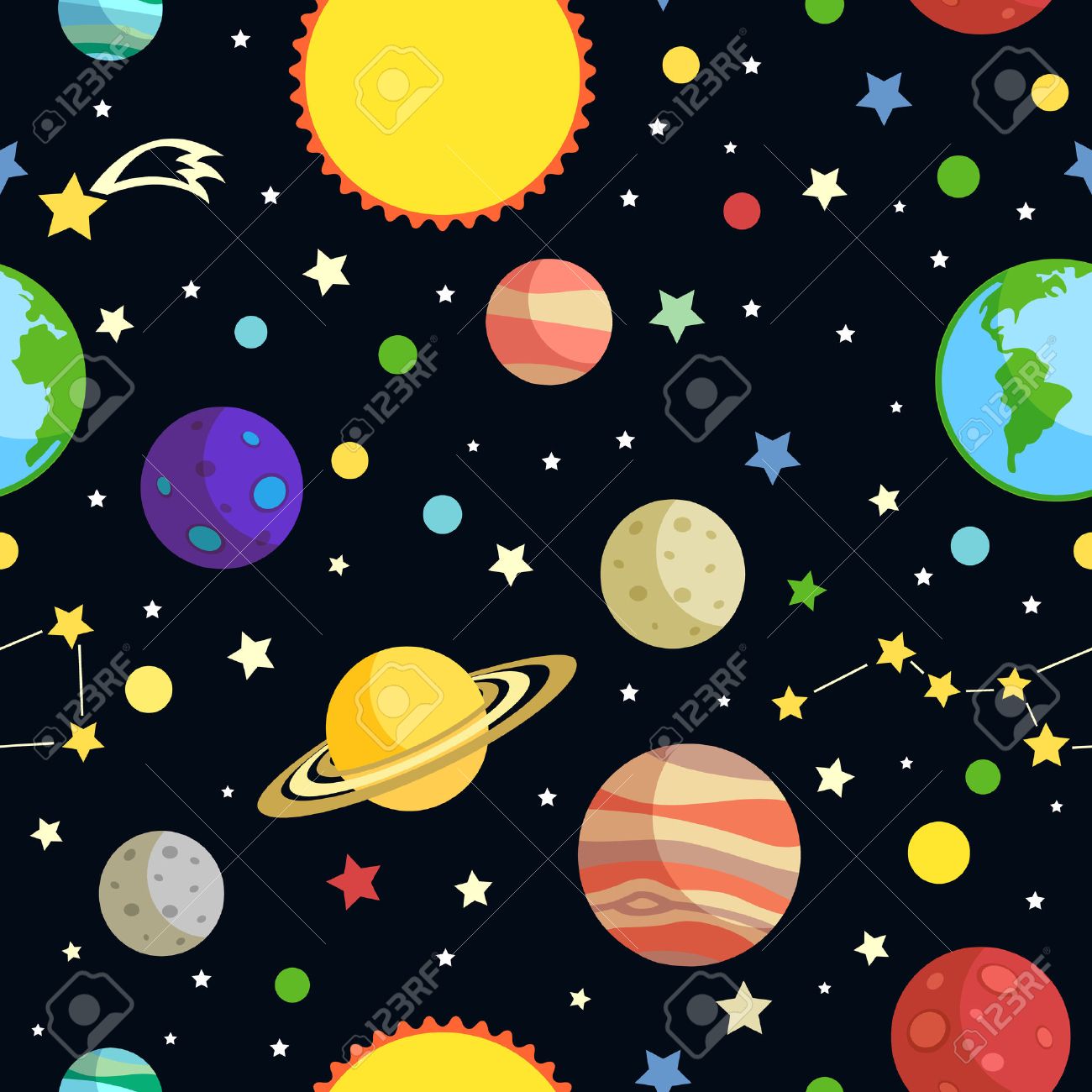 宇宙の惑星とのシームレスなパターン彗星と暗い背景ベクトル イラストの星座を星します のイラスト素材 ベクタ Image