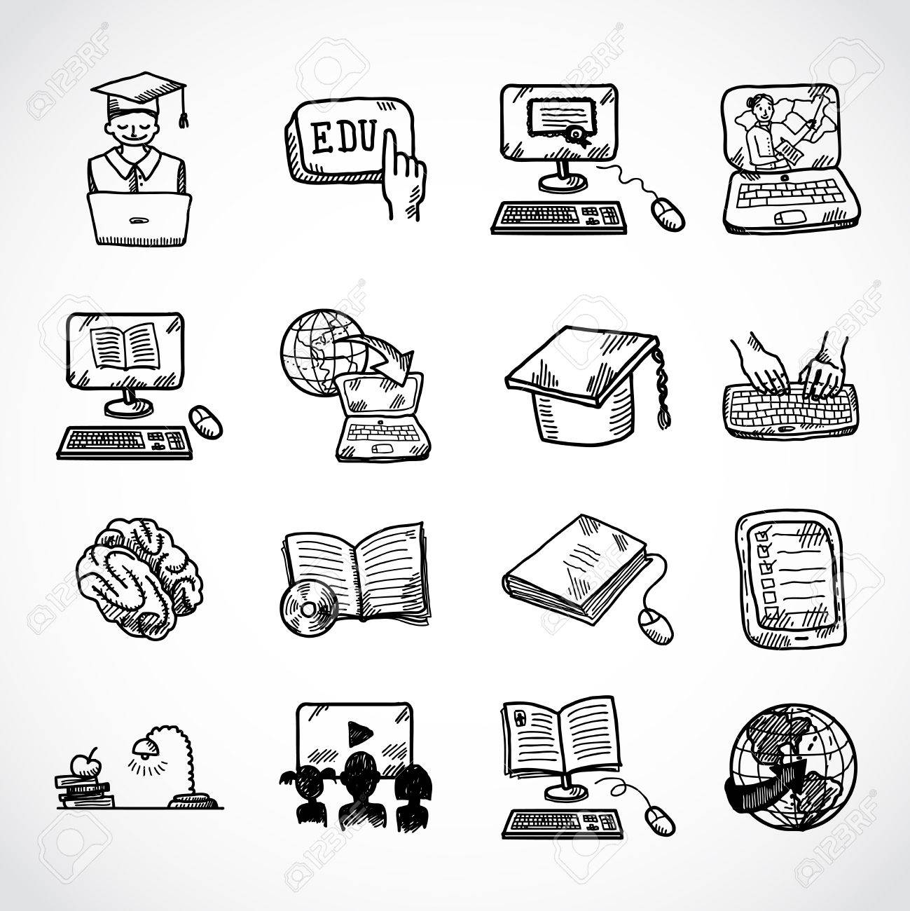 online education learning knowledge and experience icons sketch