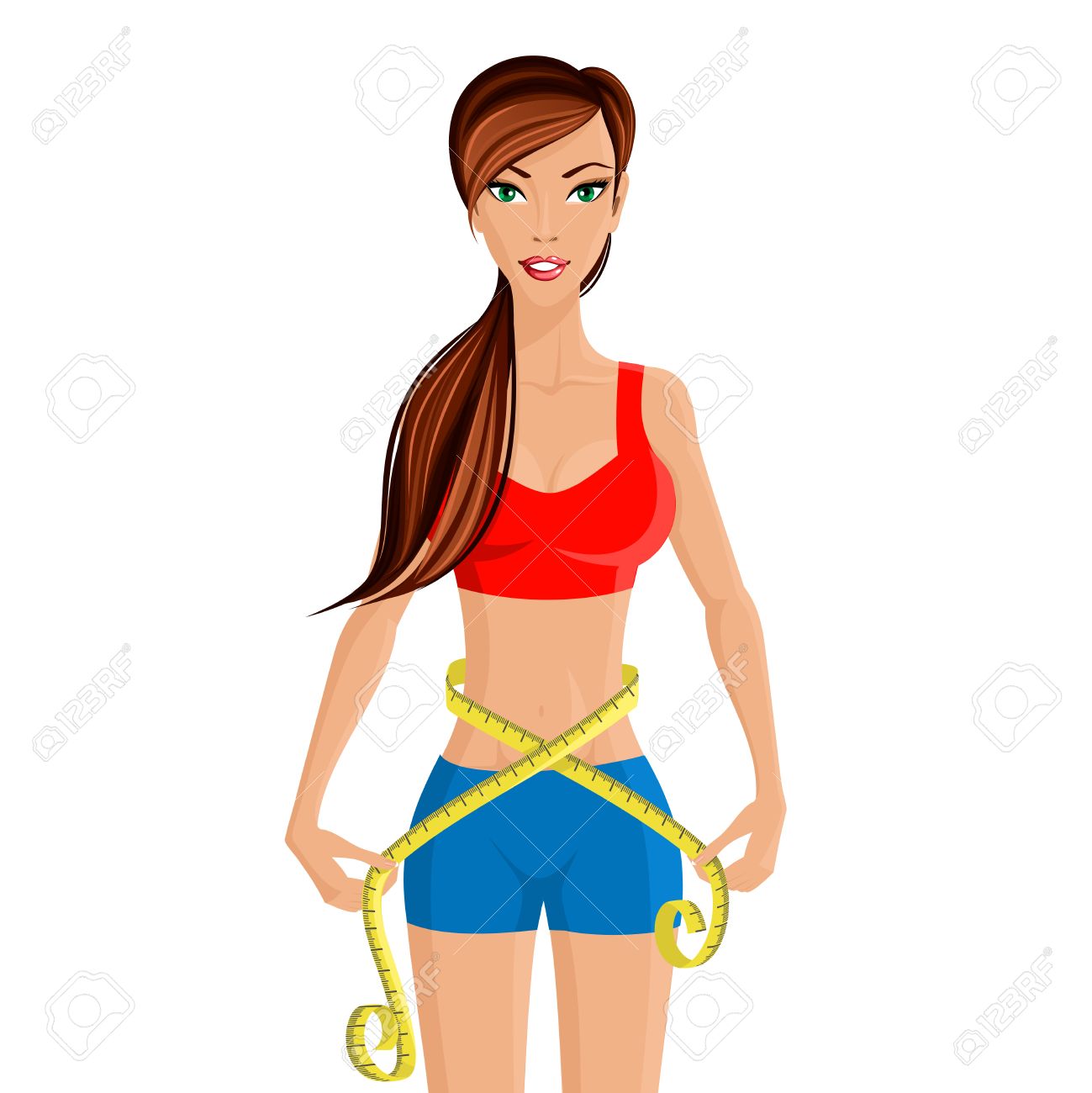 若いスリム女性の白い背景ベクトル イラストに分離したテープで腰を測定