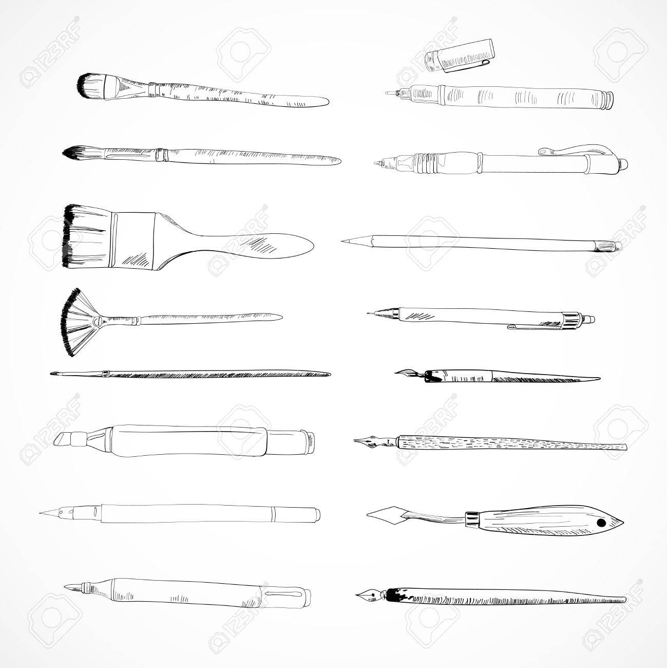 Illustration Outils Accessoires Décoratifs De Dessin Aquarelle Pinceau Crayon De Graphite De Charbon De Bois De Stylo Collection De Couteau Croquis De