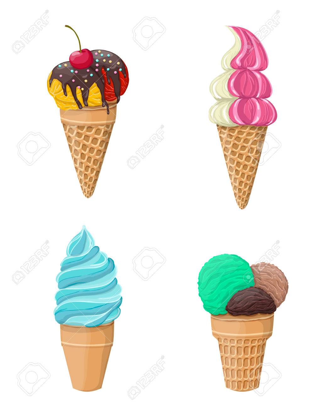 造幣局桜のバニラおいしい上孤立した白いベクトル イラストと 4 つの甘いアイスクリーム アイコンのセットのイラスト素材 ベクタ Image