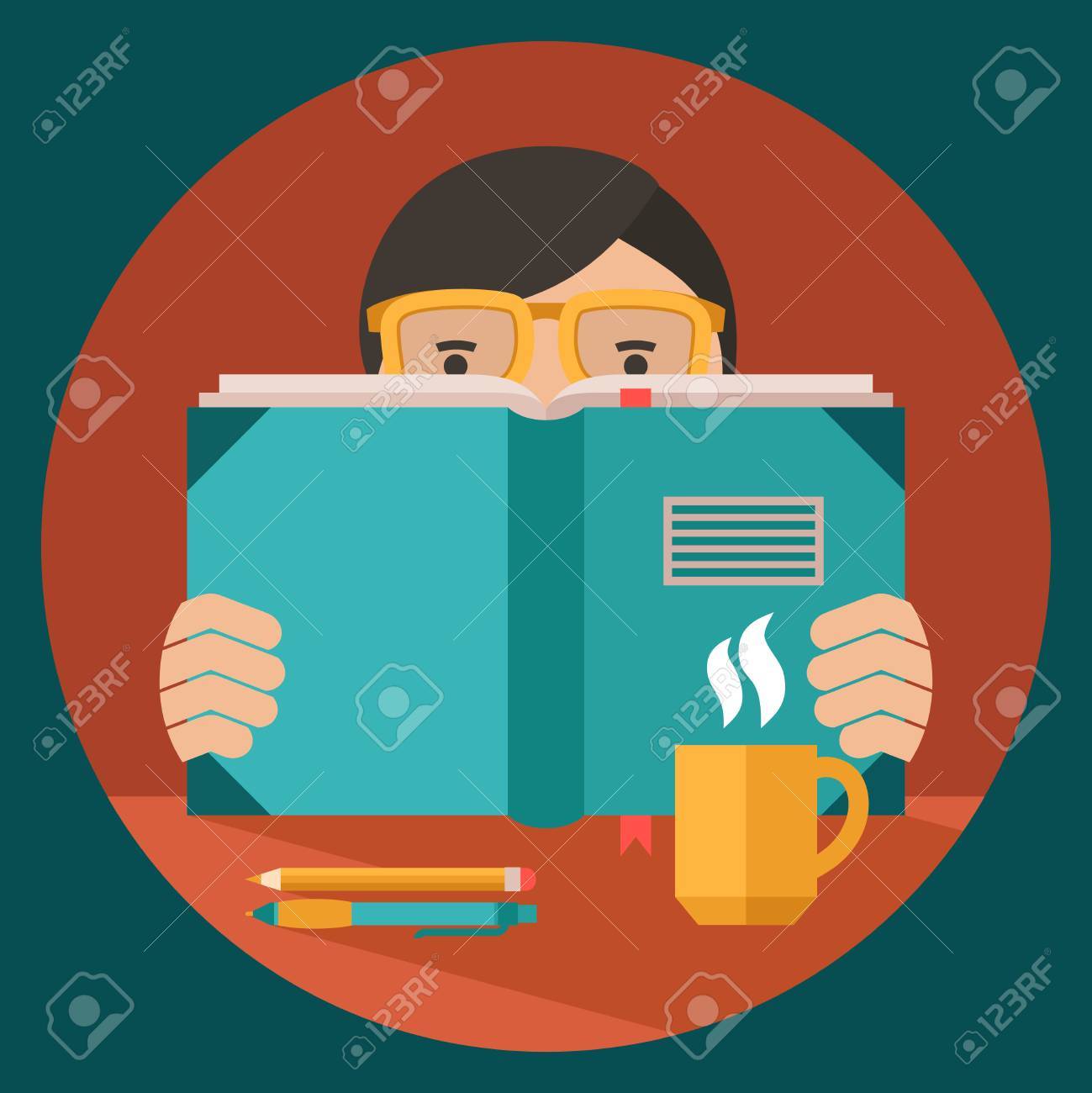 ガラス コーヒー カップ ペンおよび鉛筆フラット ベクトル イラストが机の上の本を読んだ男のイラスト素材 ベクタ Image