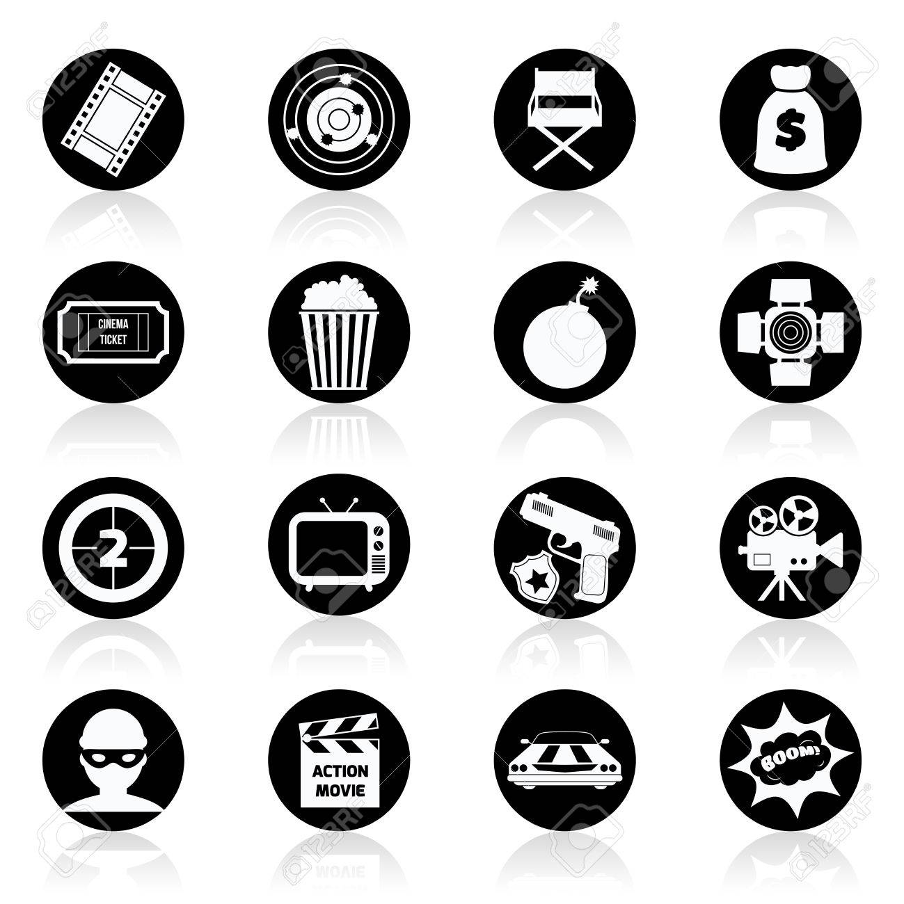 アクション映画映画撮影生産の黒と白のアイコン設定孤立した図 のイラスト素材 ベクタ Image