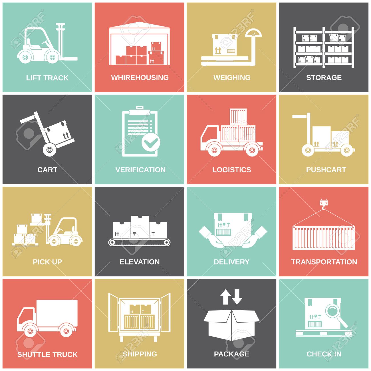 Warehouse icons flat set of storage cart verification isolated vector illustration - 32133993 Warehouse icons flat set of storage cart verification isolated vector illustration - 32133993