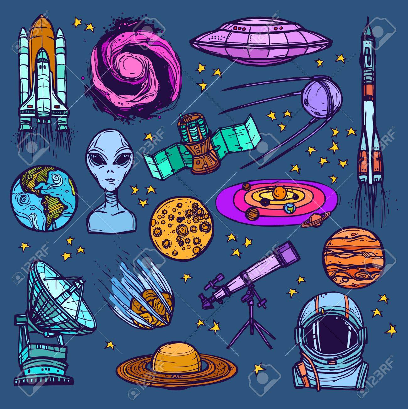 宇宙と天文衛星分離した外国人の惑星のイラストの色の装飾的なアイコン セットをスケッチします のイラスト素材 ベクタ Image 宇宙と天文衛星分離した外国人の惑星のイラストの色の装飾的なアイコン セットをスケッチします のイラスト素材 ベクタ Image