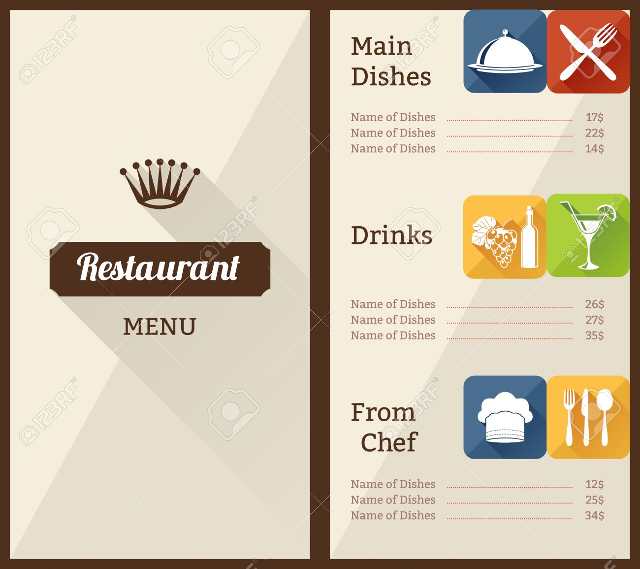 restaurant menu list paper brochure with dishes decorative elements