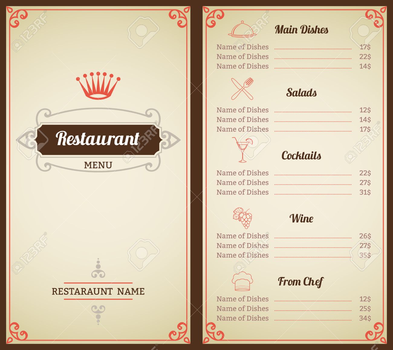 restaurant menu list brochure with food and drink decorative