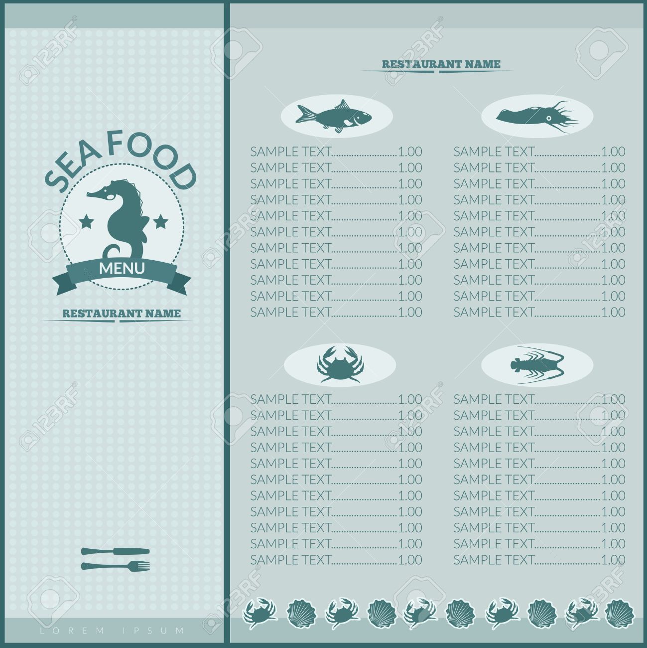 seafood restaurant menu list template with seahorse and sea food