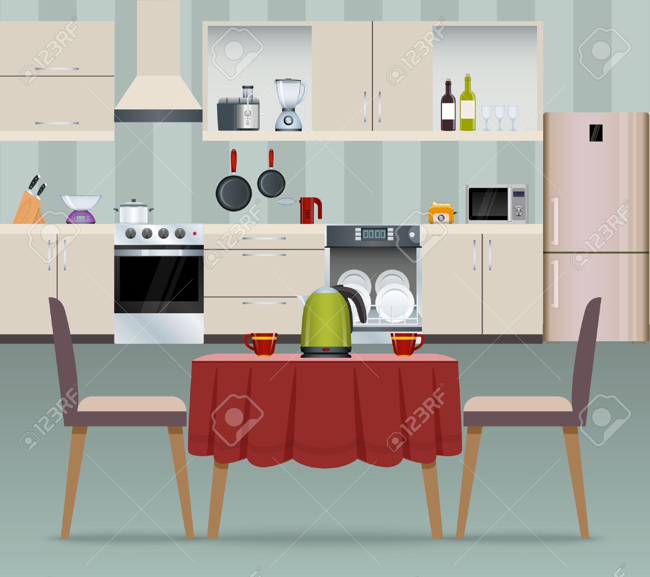 キッチン インテリア モダンな家庭料理とダイニング ルームのリアル ポスター ベクトル イラスト のイラスト素材 ベクタ Image