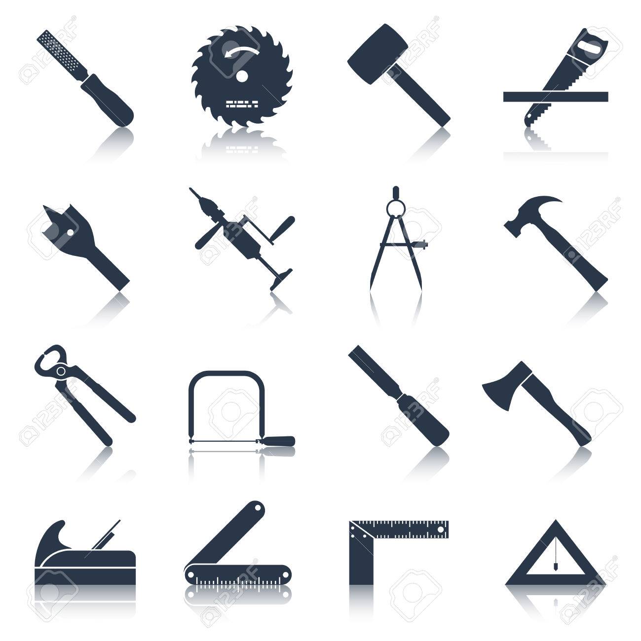 Carpentry Wood Work Tools And Equipment Black Icons Set Isolated Vector Illustration Stock Carpentry Wood Work Tools And Equipment Black Icons Set Isolated Vector Illustration Stock