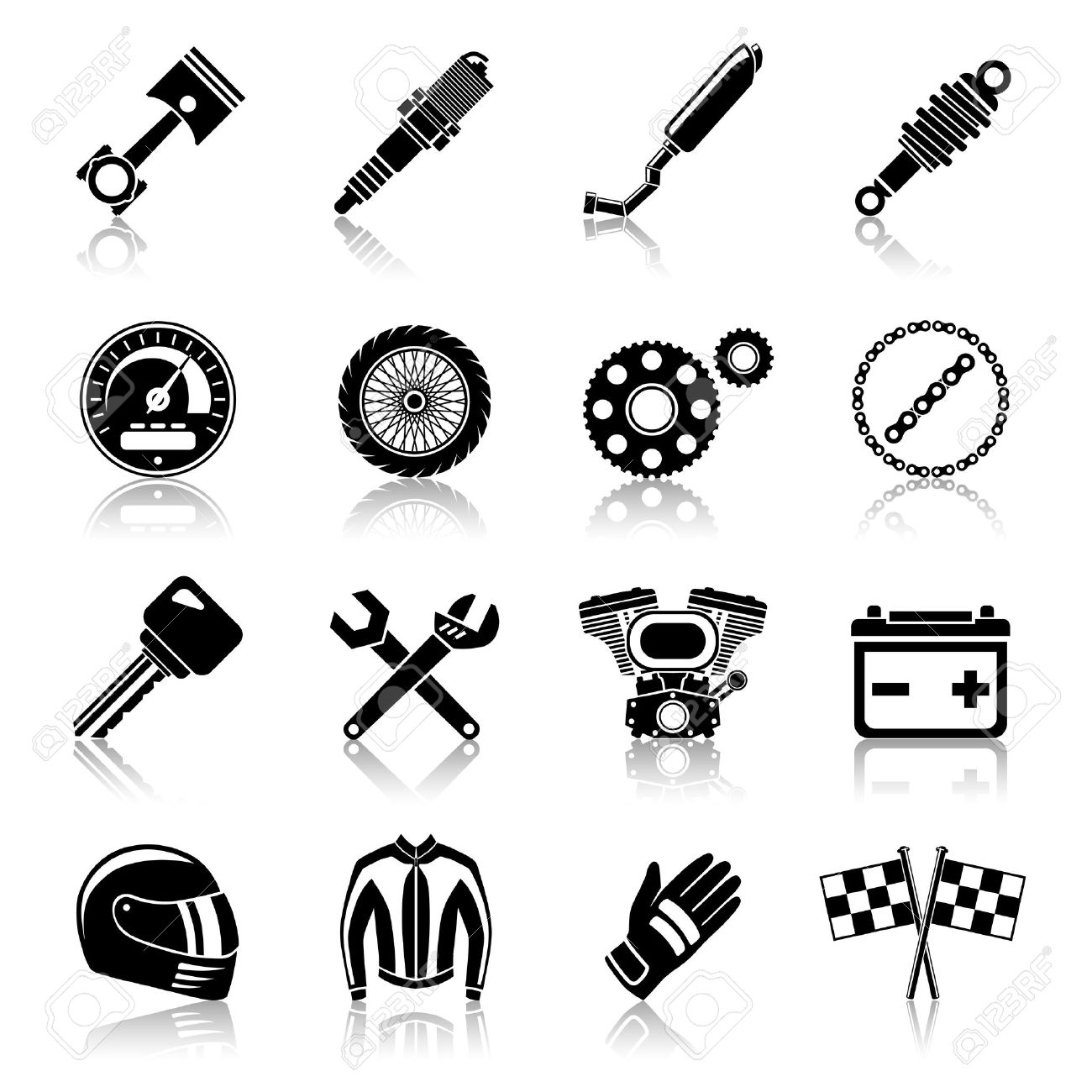 Motorcycle parts black icon set with helmet spanner tires isolated vector illustration - 33844362 Motorcycle parts black icon set with helmet spanner tires isolated vector illustration - 33844362