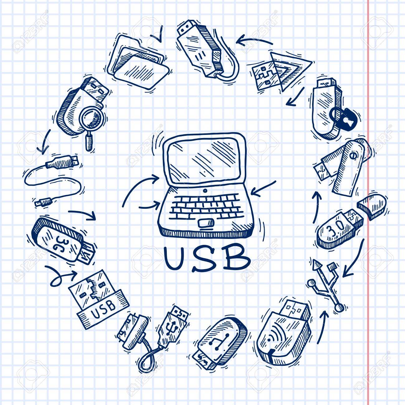 Usb And Computer Sketch Decorative Icons Set On Squared Paper