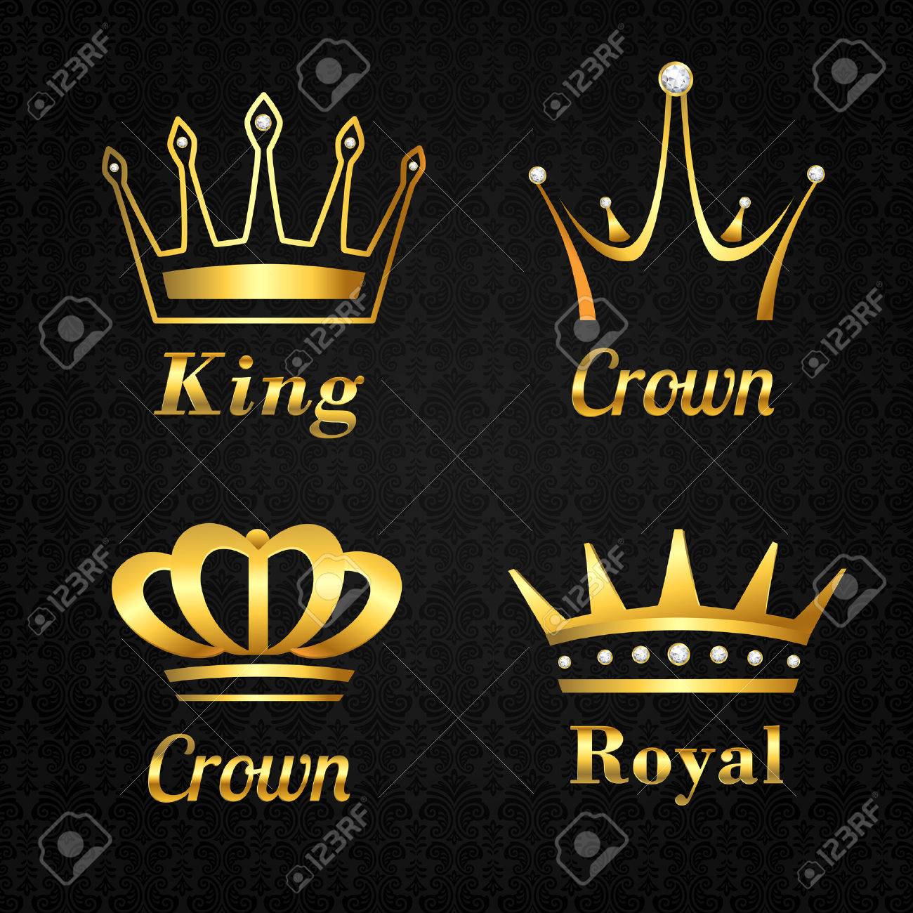 Golden Heraldry Kings And Queen Royal Crowns Set On Black Background Vector  Illustration Royalty Free SVG, Cliparts, Vectors, And Stock Illustration.  Image 34315191.