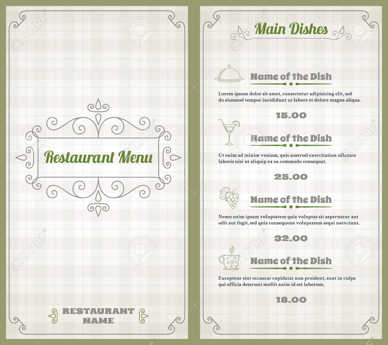 elegant restaurant menu list with decorative elements on squared