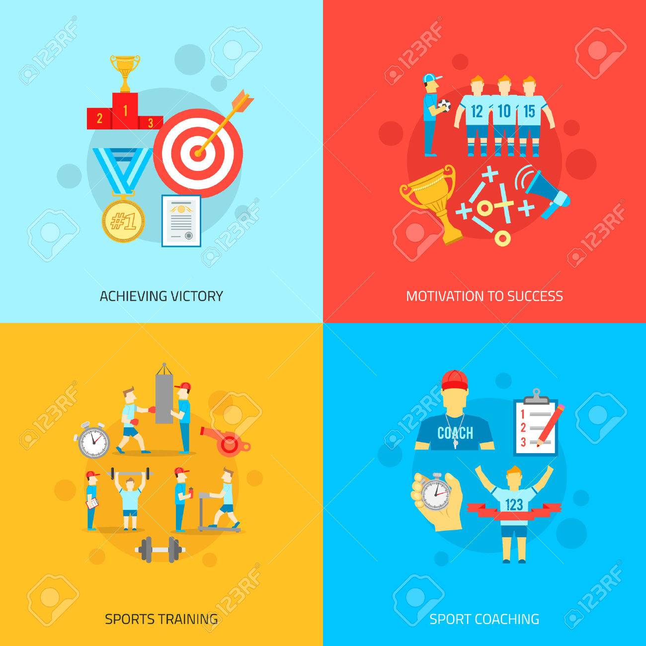 トレーニングとコーチングのフラット アイコン分離ベクトル イラストのスポーツ コーチング勝利動機成功を達成するために設計コンセプト セット のイラスト素材 ベクタ Image