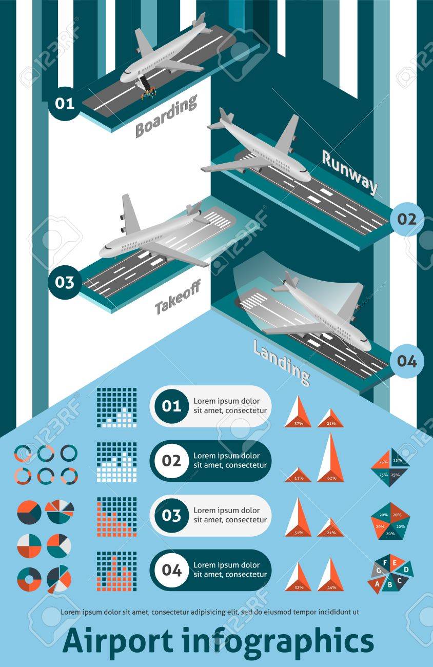 airport infographic set with isometric boarding runway takeoff free airport charts