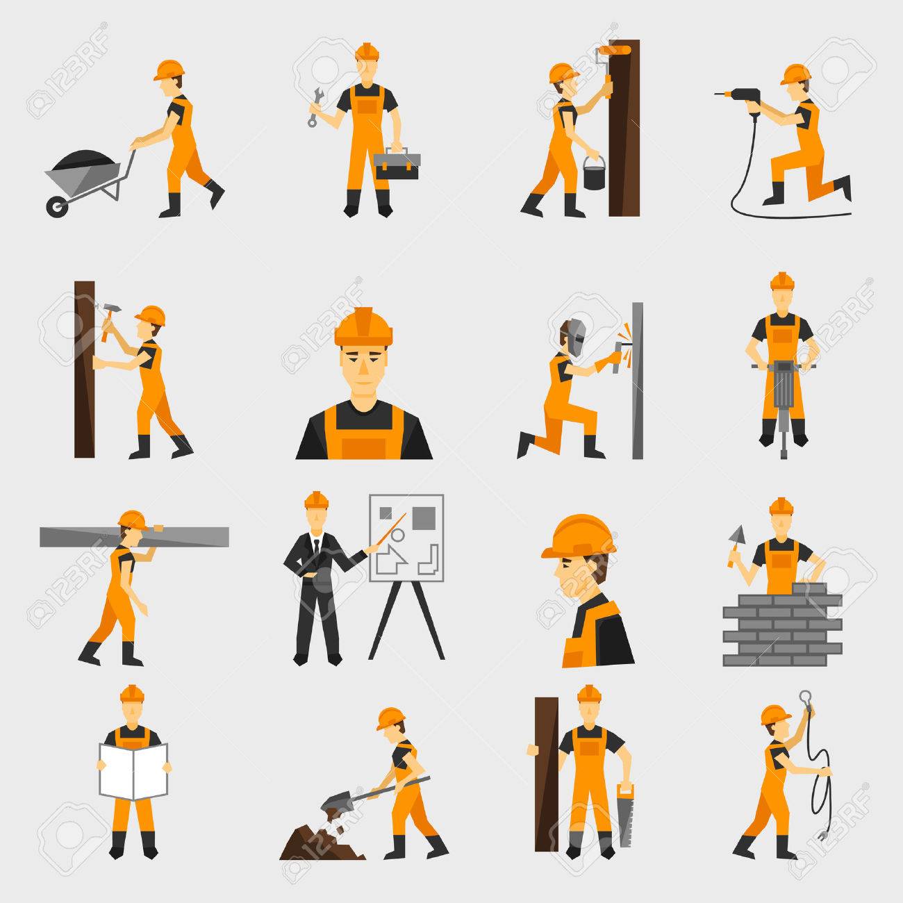 Construction worker character building with hand hammer drill in helmet flat icons set abstract isolated vector illustration - 35957754 Construction worker character building with hand hammer drill in helmet flat icons set abstract isolated vector illustration - 35957754
