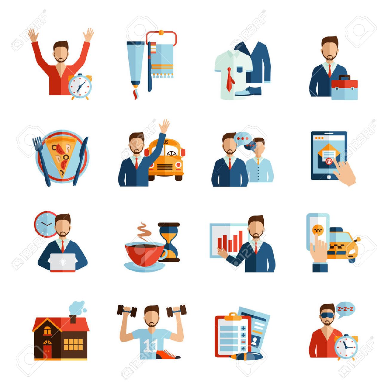 foto de archivo hombre iconos rutina diaria de trabajo fijado da y descanso aislado horario vida ilustracin vectorial