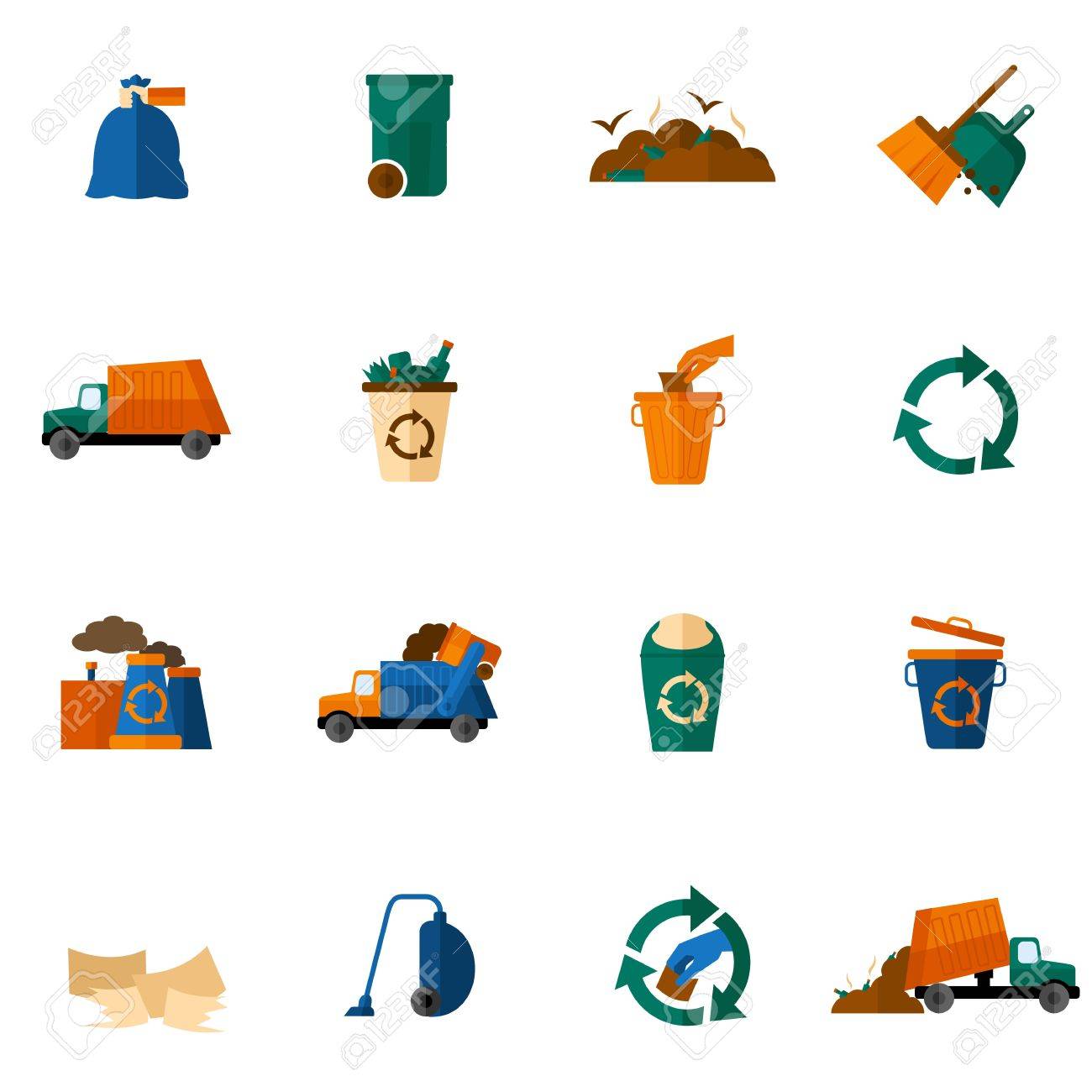 Garbage icons flat set with trash bin cleaning bulldozer isolated vector illustration - 36520238 Garbage icons flat set with trash bin cleaning bulldozer isolated vector illustration - 36520238