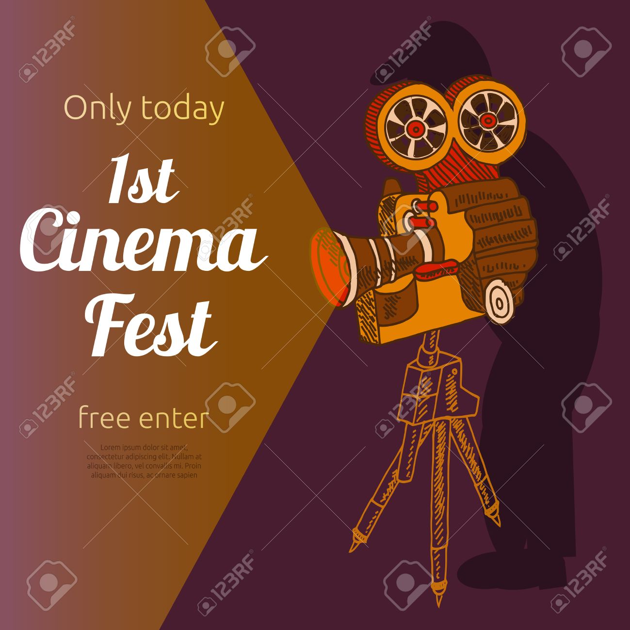 ヴィンテージ映画第 1 回フェスティバル入場無料イベント Billposter 広告とプラカードを古いプロジェクター ピクトグラム抽象的なベクトル イラスト のイラスト素材 ベクタ Image