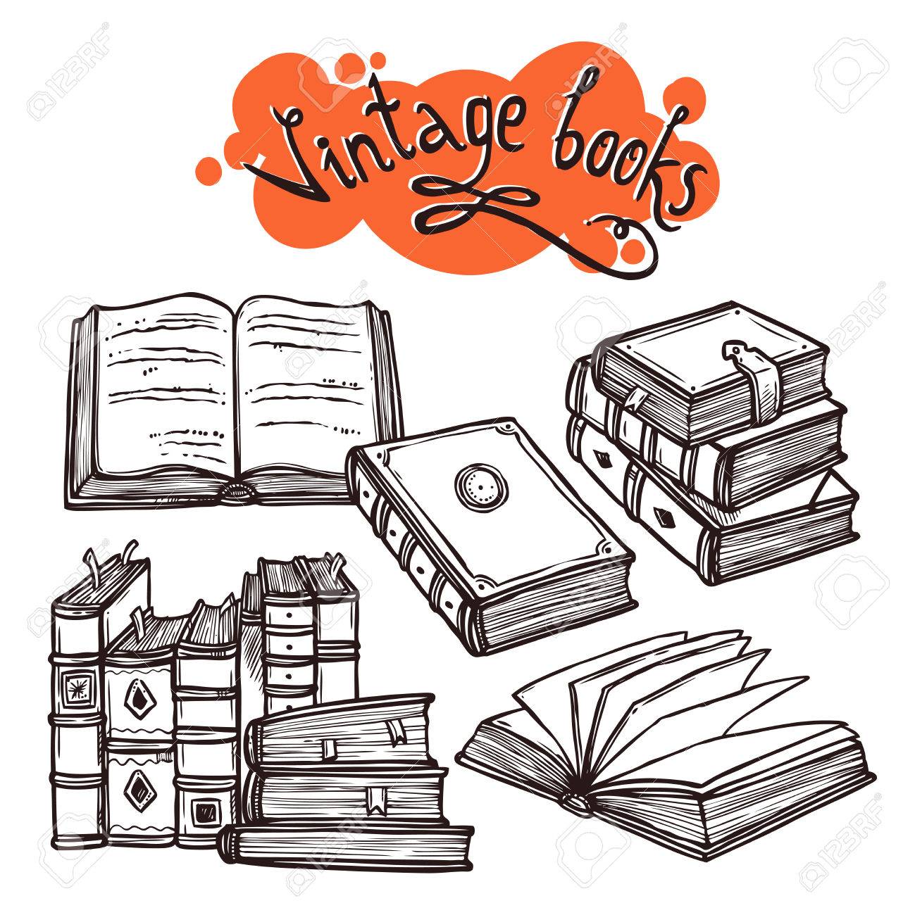 Vintage Books Sketch Decorative Set Black And White Vector Illustration Stock Vintage Books Sketch Decorative Set Black And White Vector Illustration Stock