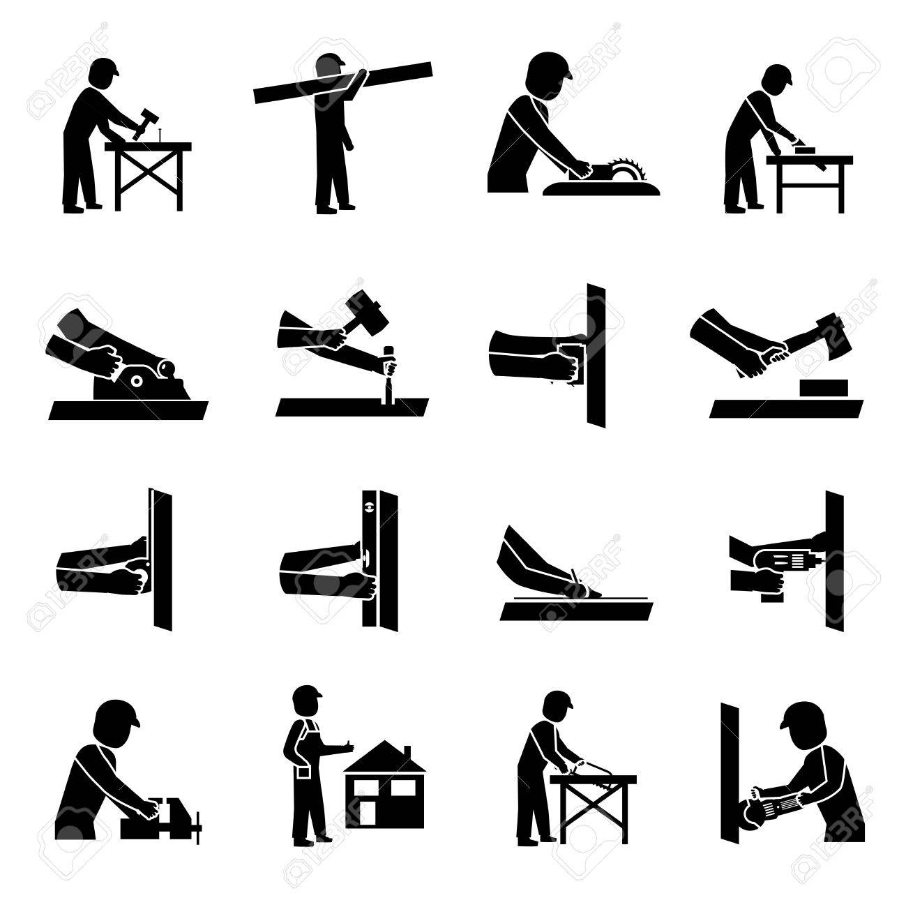 Carpenter Icons Black Set With Woodwork And Lumber Tools Isolated Vector Illustration Stock Carpenter Icons Black Set With Woodwork And Lumber Tools Isolated Vector Illustration Stock