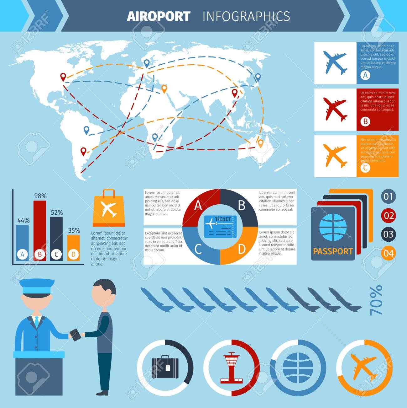 airport infographics set with passenger transportation symbols free airport charts