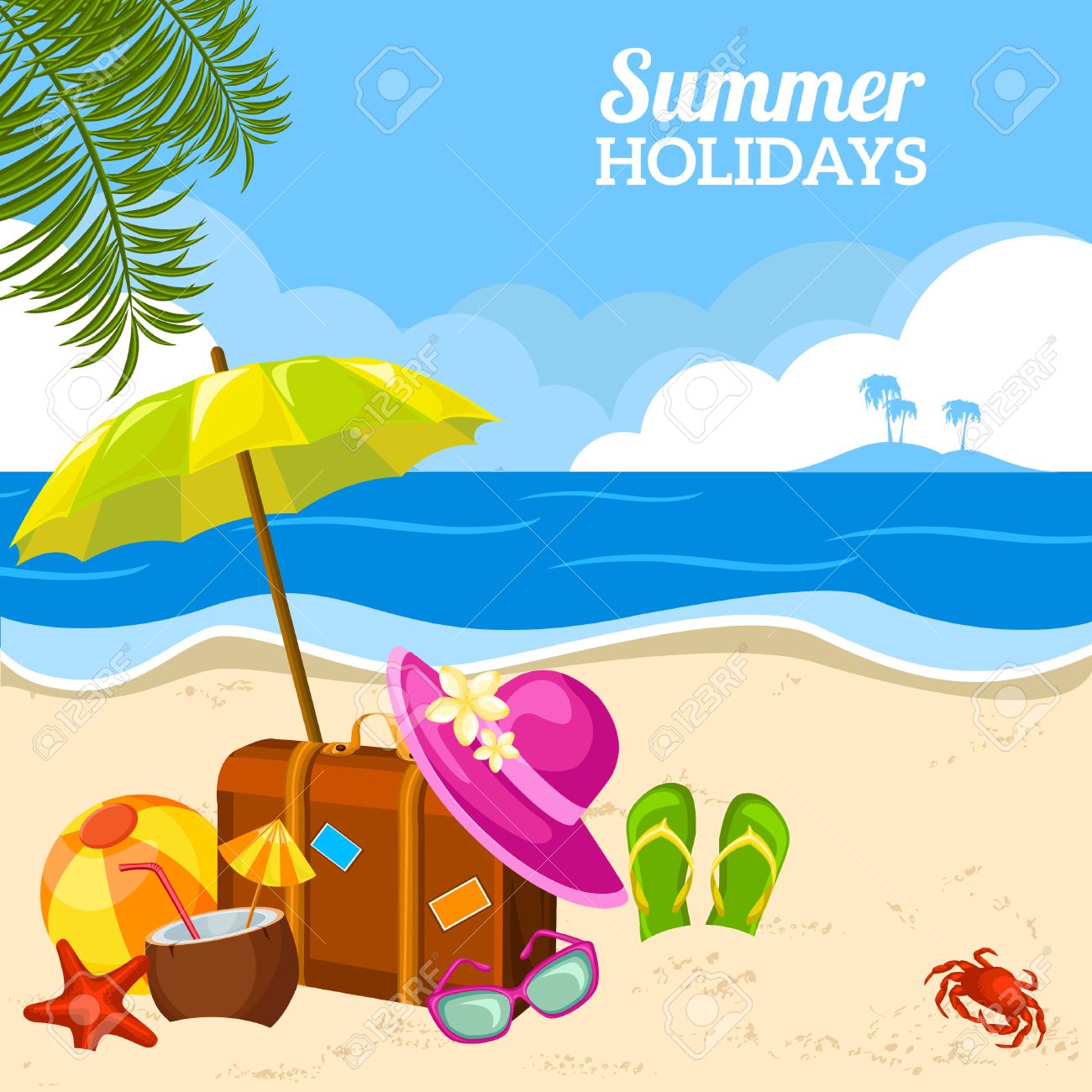 Beautiful Summer Seaside View Poster With Beach Sunny Day With Sand Umbrella And Palm Leaves Holidays Beautiful Summer Seaside View Poster With Beach Sunny Day With Sand Umbrella And Palm Leaves Holidays